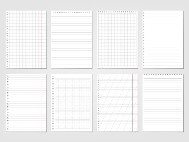 Vector realistic paper ruled lined sheets school pages copybook isolated blank page with grid notebook mockup collection pithy vector memo elements of school page notepad note blank illustration