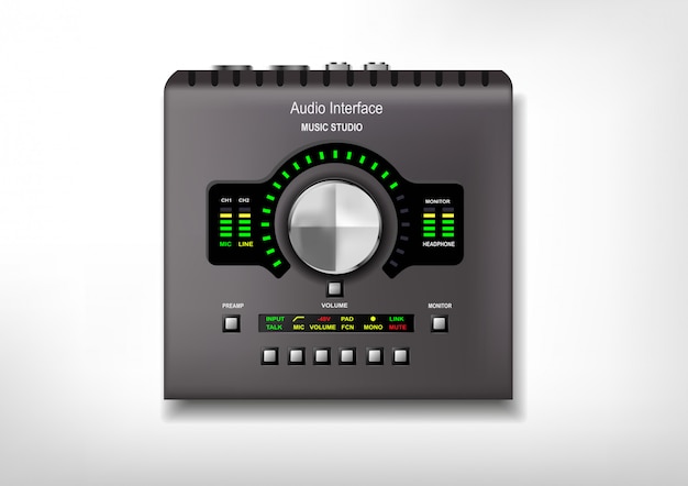 Vector realistic technology object external audio interfaces, sound cards.digital musical devices. equipment for recording studios.