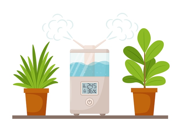 Vector rectangular humidifier with digital display and potted indoor plants.