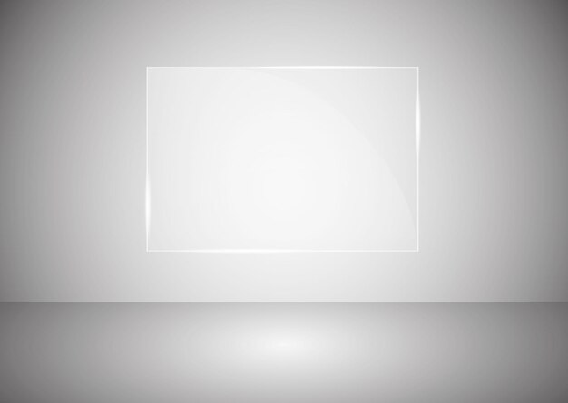 Vector rectangular podium with a glass pedestal or platform illuminated by spotlights on a gray background