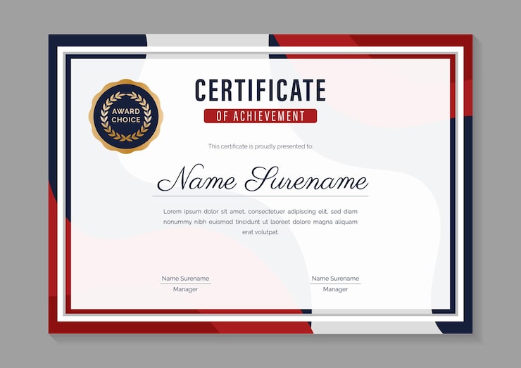 Vector red and blue minimalist horizontal certificate of achievement design template with gold badge