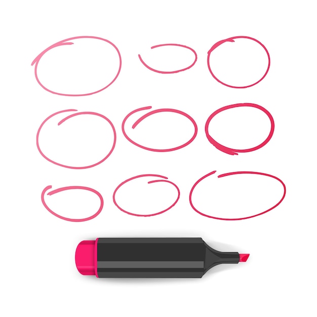 Vector red circles and highlighter pen for highlighting and emphasizing information