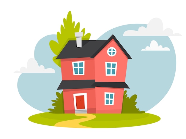 Vector red house with dark roof and trees around