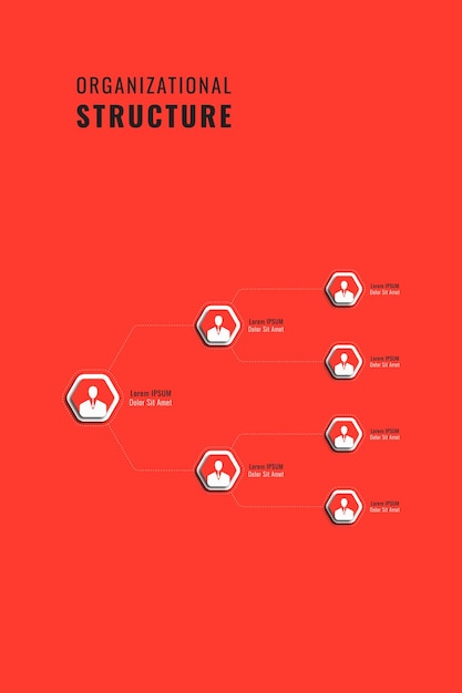 Vector red vertical infographic hierarchy with hexagonal elements with realistic shadow and text boxes