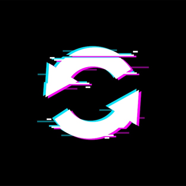 Vector refresh or reload button with glitch effect isolated rotating arrows in circle vector loading sign restart emblem on computer display bug mistake on screen ui game panel interface noise effect