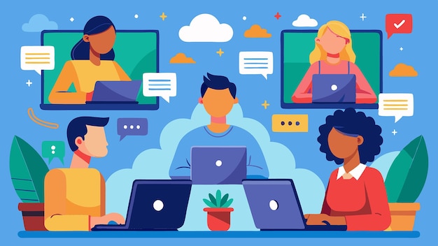 Vector remote freelancers collaborating through video conferencing for online projects