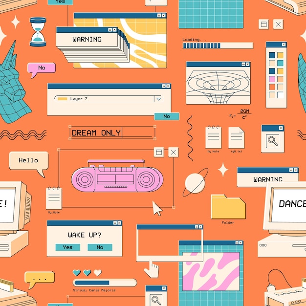 Vector repeatable pattern of retro ui items of computer interface in vaporwave style endless background of kitsch digital elements of software y2k windows and icons flat seamless vector illustration