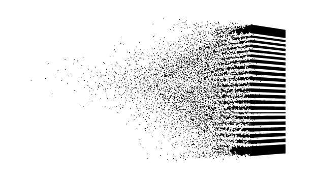 Vector resilient architecture silhouette black rectangular object disintegrating into small particles on a white background abstract disintegration