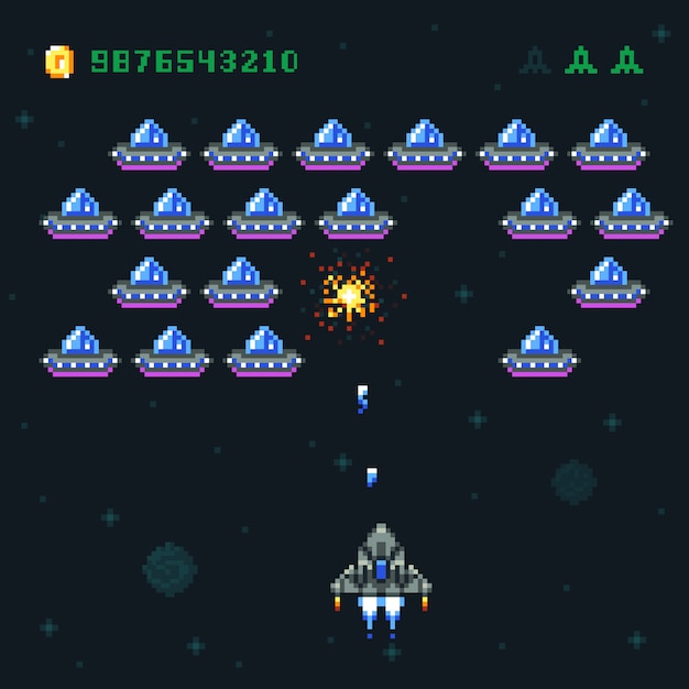Vector retro arcade game screen with pixel invaders and spaceship. space war computer 8 bit old vector graphics. game video arcade, spaceship and rocket digital pixel illustration