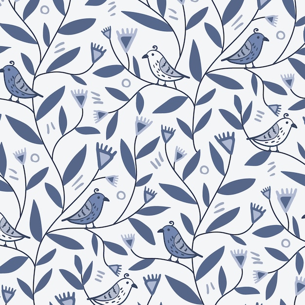 Vector retro blue repeat pattern of bird on branches with leaves and flowers
