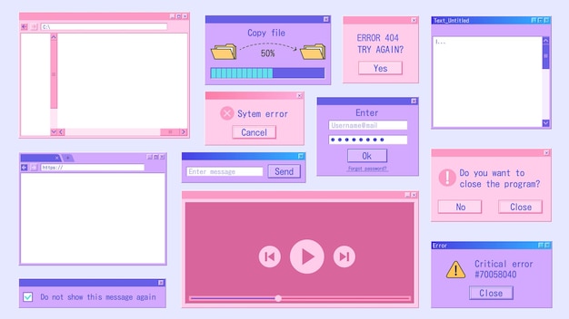 Vector retro computer window retrowave internet browser frame folder popup message 90s design vector old software ui set
