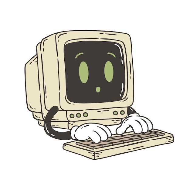 Vector retro doodle cartoon of computer character typing on keyboard