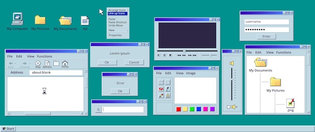 Vector retro empty window old windows 95 system interface vintage computer application frame template pc software message display screen blank elements 1990s classy vector illustration