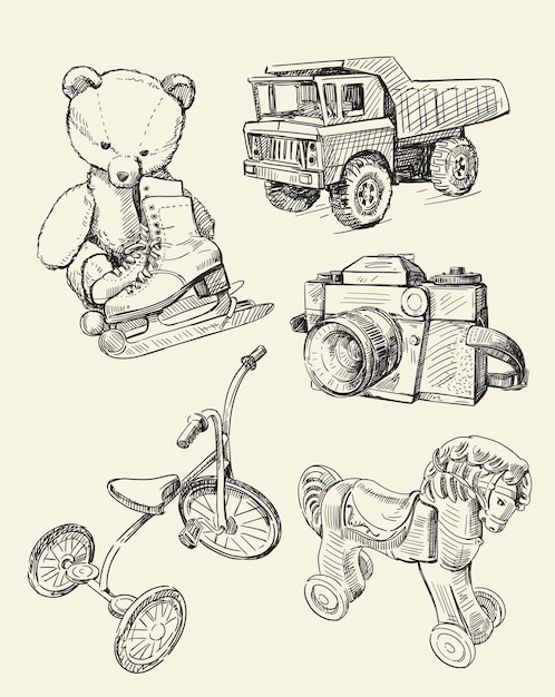 Vector retro toys sketch set old time