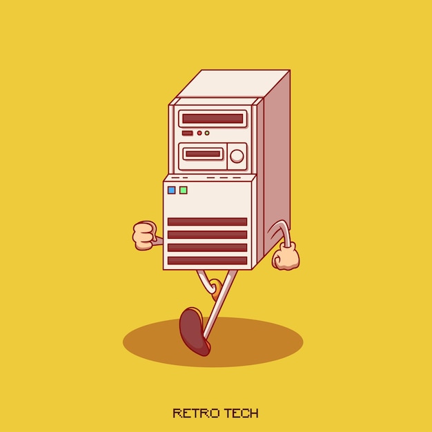 Vector retro walking computer illustration mascot