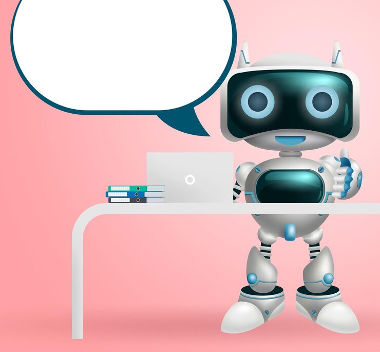 Robot character dialog vector background design Robotic 3d character with speech bubble for modern