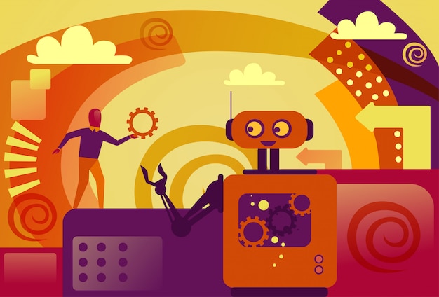 Vector robot giving business man cog wheel tech support and artificial intelligence concept