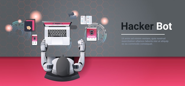 Vector robot hacking digital devices computer hacker bot concept data privacy attack internet information