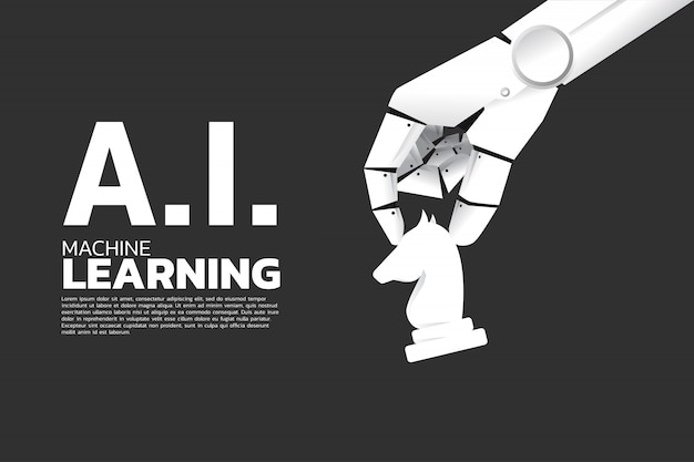 Vector robot hand move chess on board. machine learning 