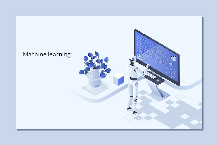 Robot learning or solving problems.Machine learning algorithm concept 
