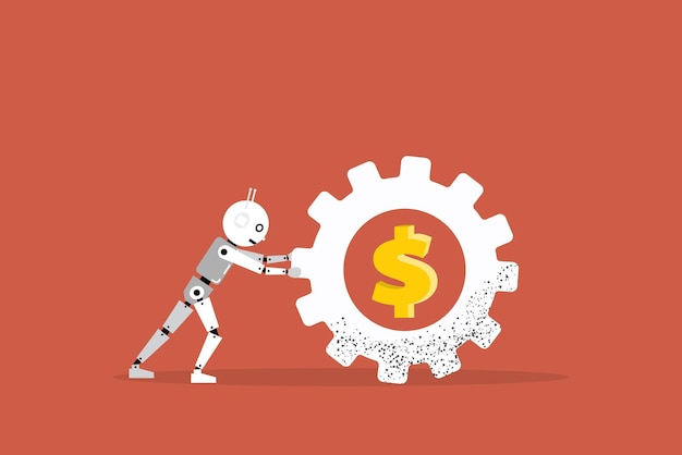 Vector robot rolling the gear with dollar sign artificial intelligence working future business reality