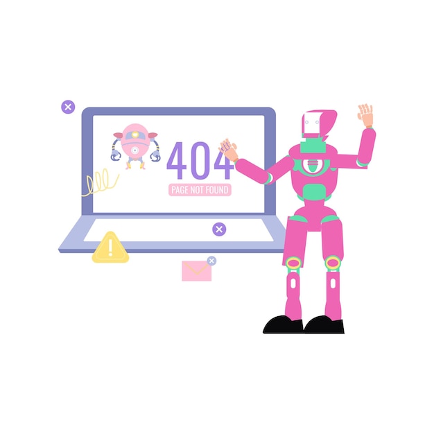 Vector robot showing 404 error page on laptop