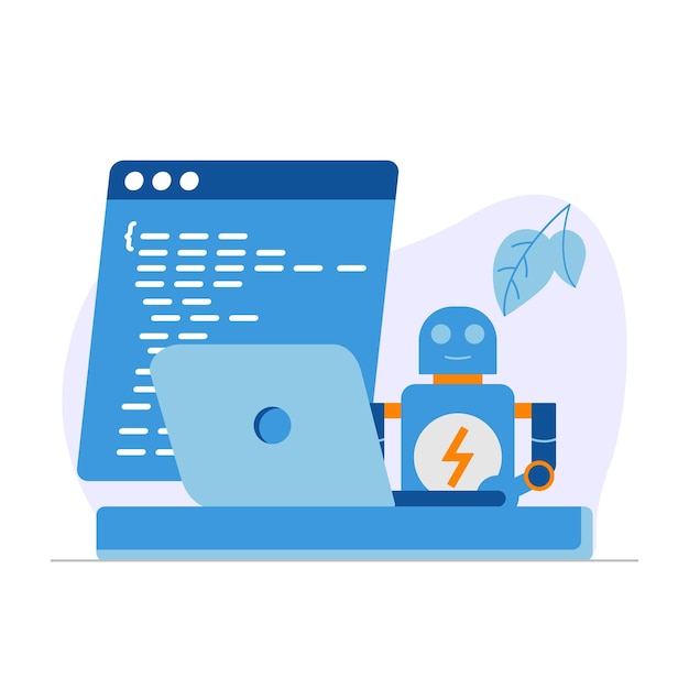 Vector a robot with a laptop and a screen that says'robot '