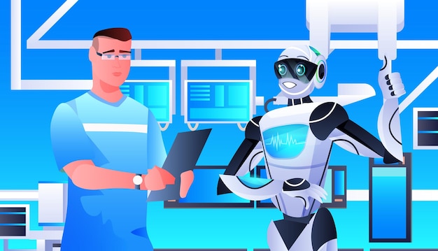 Vector robot with scientist using laptop and making experiments in lab genetic engineering artificial intelligence concept