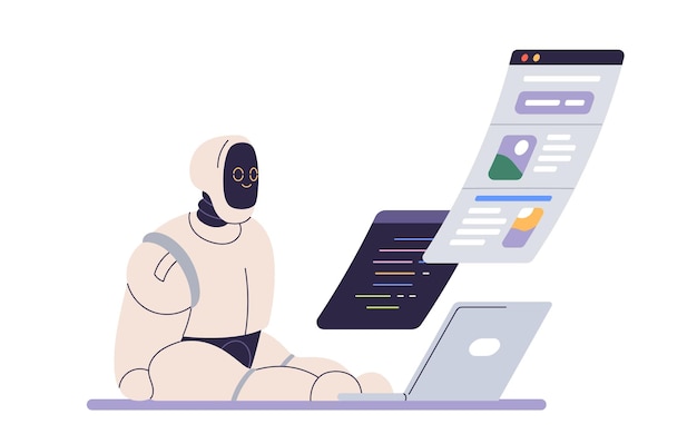 Vector robot works at laptop. ai, artificial intelligence, business automation, automated process, machine learning concept. android bot at computer. flat vector illustration isolated on white background.