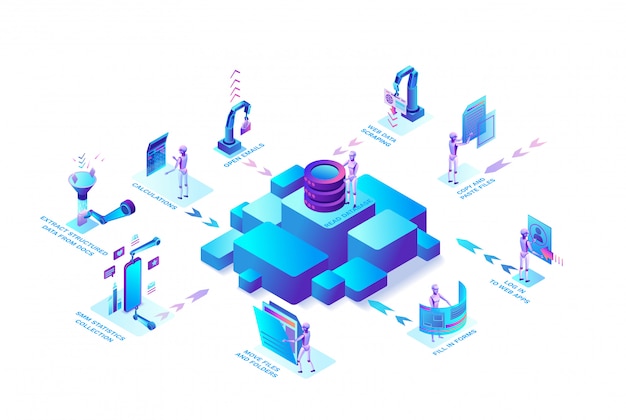 robotic process automation concept with robots working with data, arms moving files, extracting information from websites, digital technology service, 3d isometric vector illustration