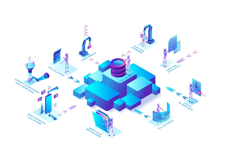 Robotic process automation concept with robots working with data, arms moving files, extracting information from websites, digital technology service, 3d isometric vector illustration