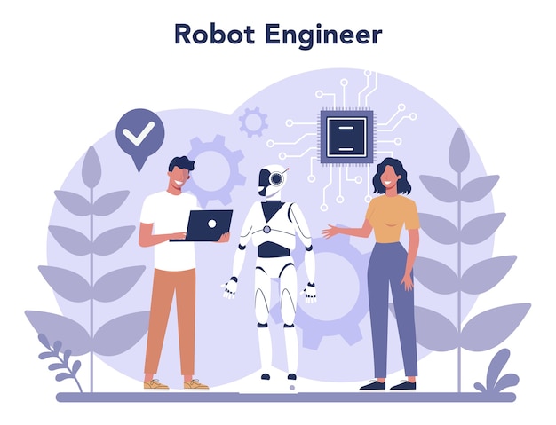 Vector robotics concept. robot engineering and programming. idea of artificial intelligence and futuristic technology. machine automation. 