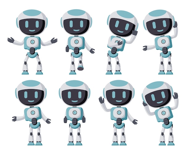 Vector robots character vector set design. robotic characters with pose and gestures of standing, waving.