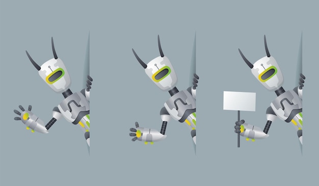 Vector robots look out corner robotic information banners mockup interface design cyborg characters for presentation online help technology