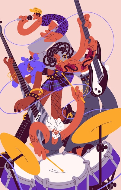 Vector rock band on vertical poster musicians play music instruments drum electric guitar singer sings song with microphone guitarists perform performers artists in concert flat vector illustration
