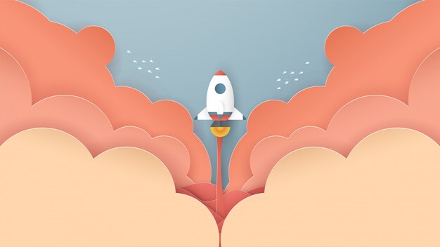 Vector rocket is flying out from clouds.