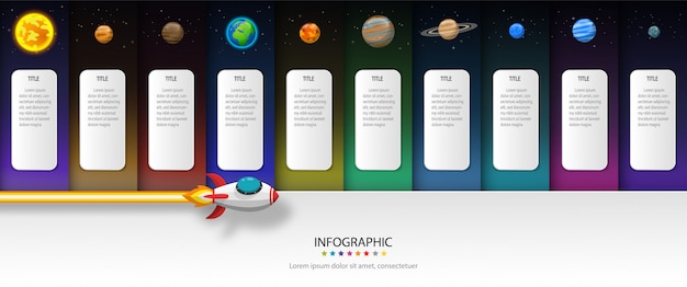 Vector rocket launch to the sun with label and planet. infographic template and vector paper cut concept.
