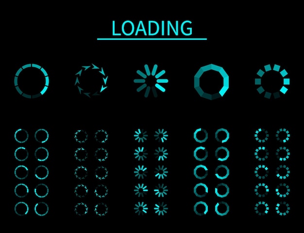Vector round loader. progressive buffering upload loading, frame animation, digital interface for app and internet, computer and mobile, blue signs of wait download on black background vector isolated set