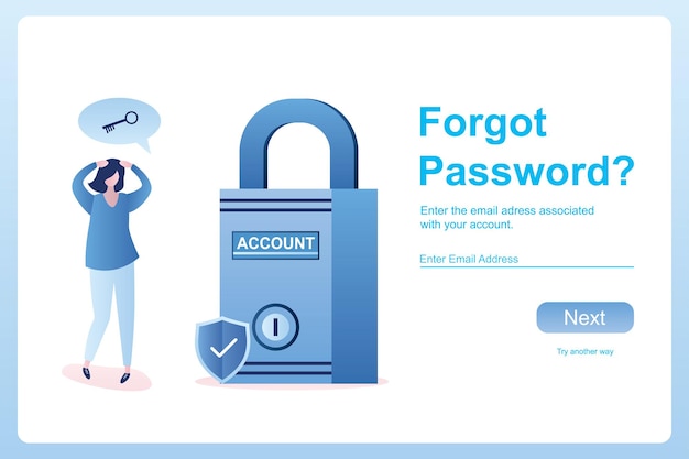 Vector sad female character and account lock forgot password web page vector illistration