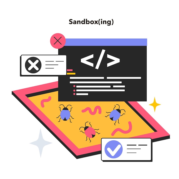 Vector sandboxing security mechanism for isolation and separation of running programs system failures and software vulnerabilities detection flat vector illustration