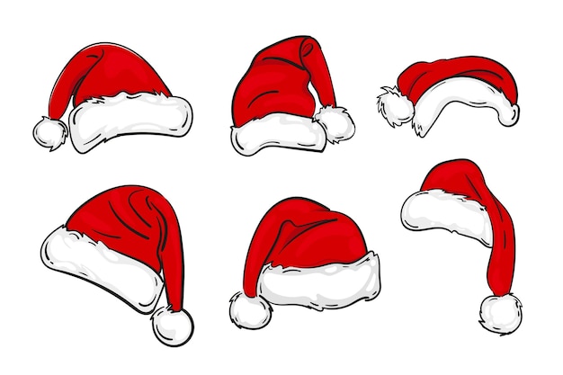 Vector santa red hats with white fur and ink sketch set isolated christmas holiday decoration illustration