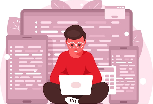 Vector scalable technologies programming concept programmer sitting in lotus pose with laptop and working