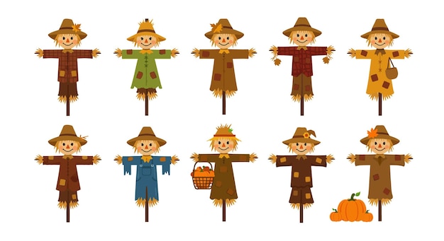 Vector scarecrow character variations in flat design style vector art