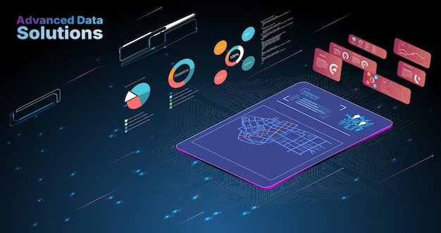 Vector the scene features advanced data solutions displayed on a tablet interactive charts graphs and a digital map appear in a futuristic setting highlighting technology and data visualization