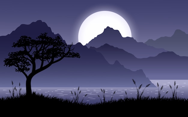 Vector scenic night landscape with hills, lake and tree silhouette