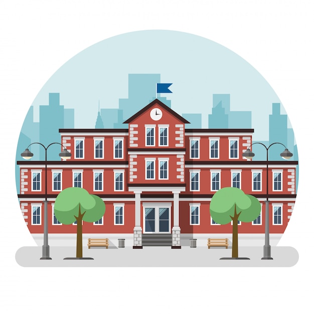 Vector school building in a big city. vector illustration