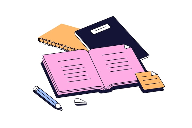 Vector school education icon reading open paper books preparation of homework learning with copybooks textbook get knowledge study concept flat isolated vector illustration on white background