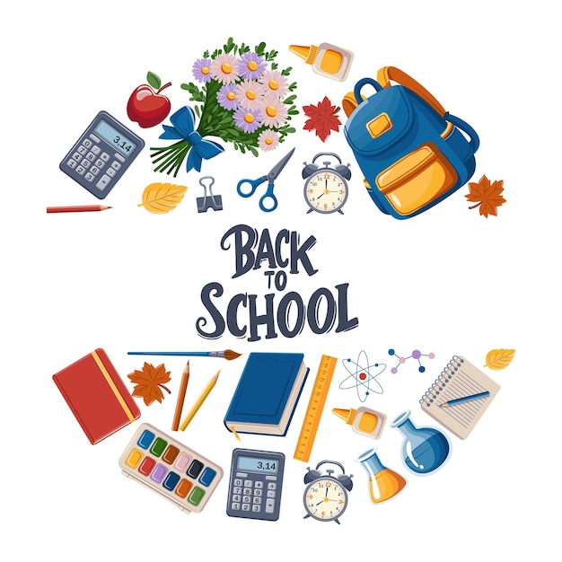 Vector school supplies designed in the shape of a circle with the words back to school in the middle