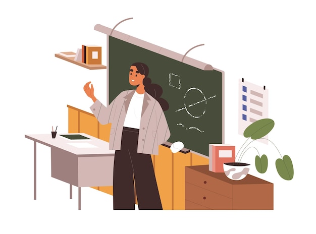 Vector school teacher teaching, standing at blackboard during lesson in classroom. pedagogue speaking, explaining at chalkboard in study room, class. flat vector illustration isolated on white background