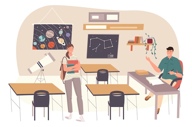 Vector school web concept. student learns astronomy at classroom. teacher teaching subject in lesson at class. science and education